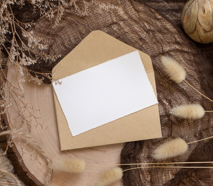 blank-paper-card-on-envelope-and-wooden-table-with-dried-plants-around-top-view-boho-mock-up-scene-with-invitation-card-template